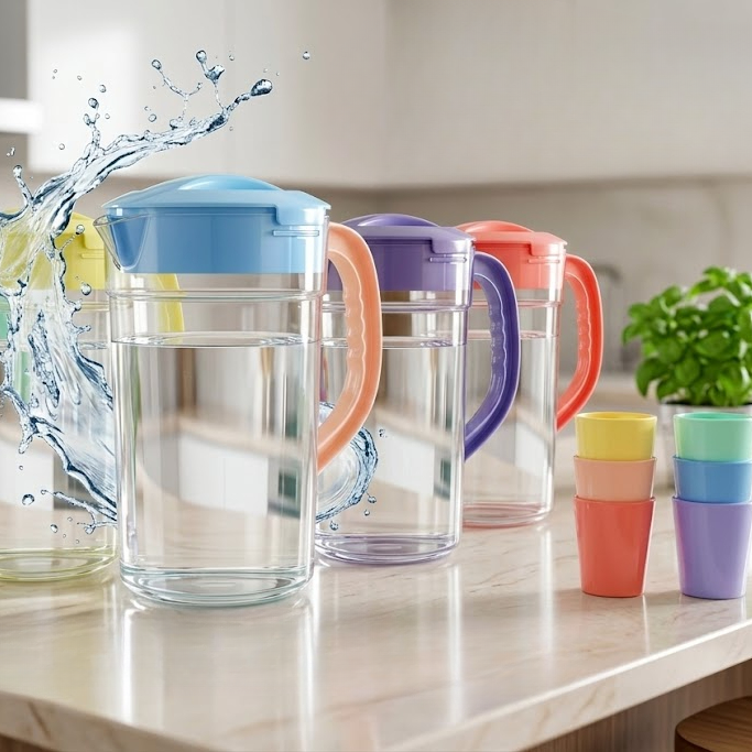 Premium 2.8 Liter Water Jug with 6 Glasses – Unbreakable Plastic Drinkware Set for Home & Office (Random Color)